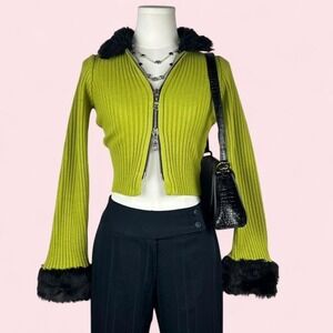 Dolls Kill Ragged Priest Late Knit Cardigan Lime Green Zip Faux Fur Collar XS